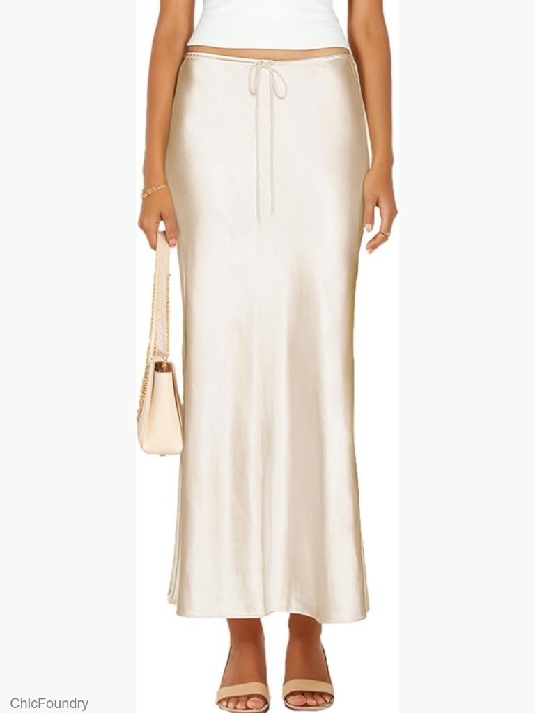Satin Silk Maxi Skirt Drawstring Flared A-Line Long Skirt Women's Sizes
